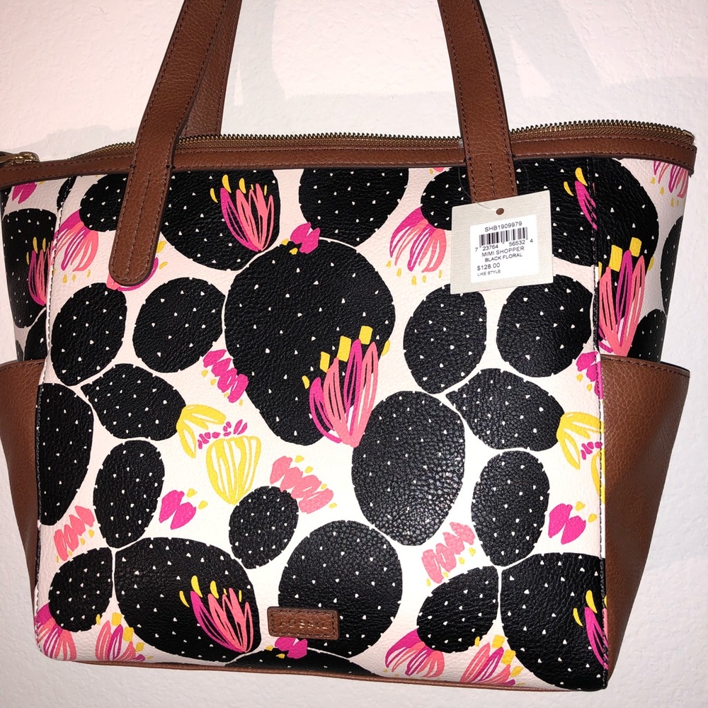 Fossil Black floral cactus mimi shopper purse tote